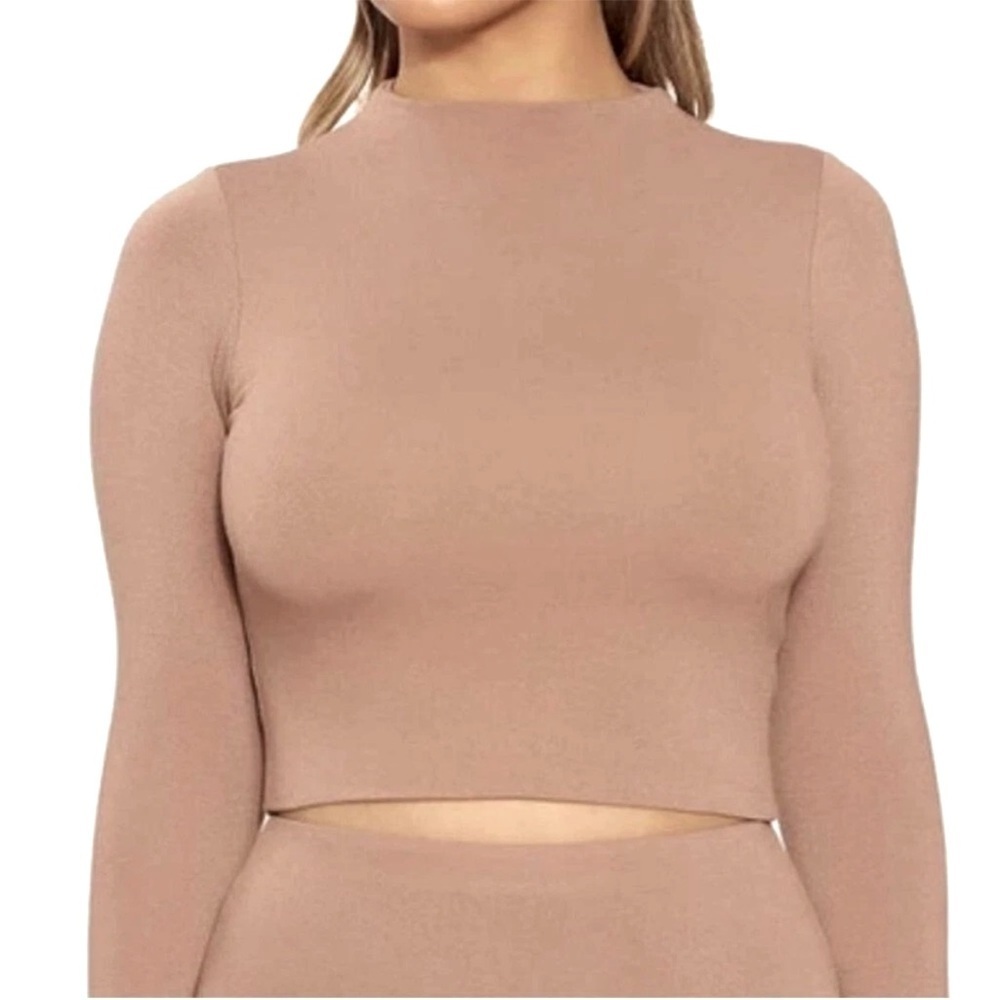 Naked Wardrobe Women's Size XL Long Sleeve Mock Neck Crop Top Nude Tan Neutral